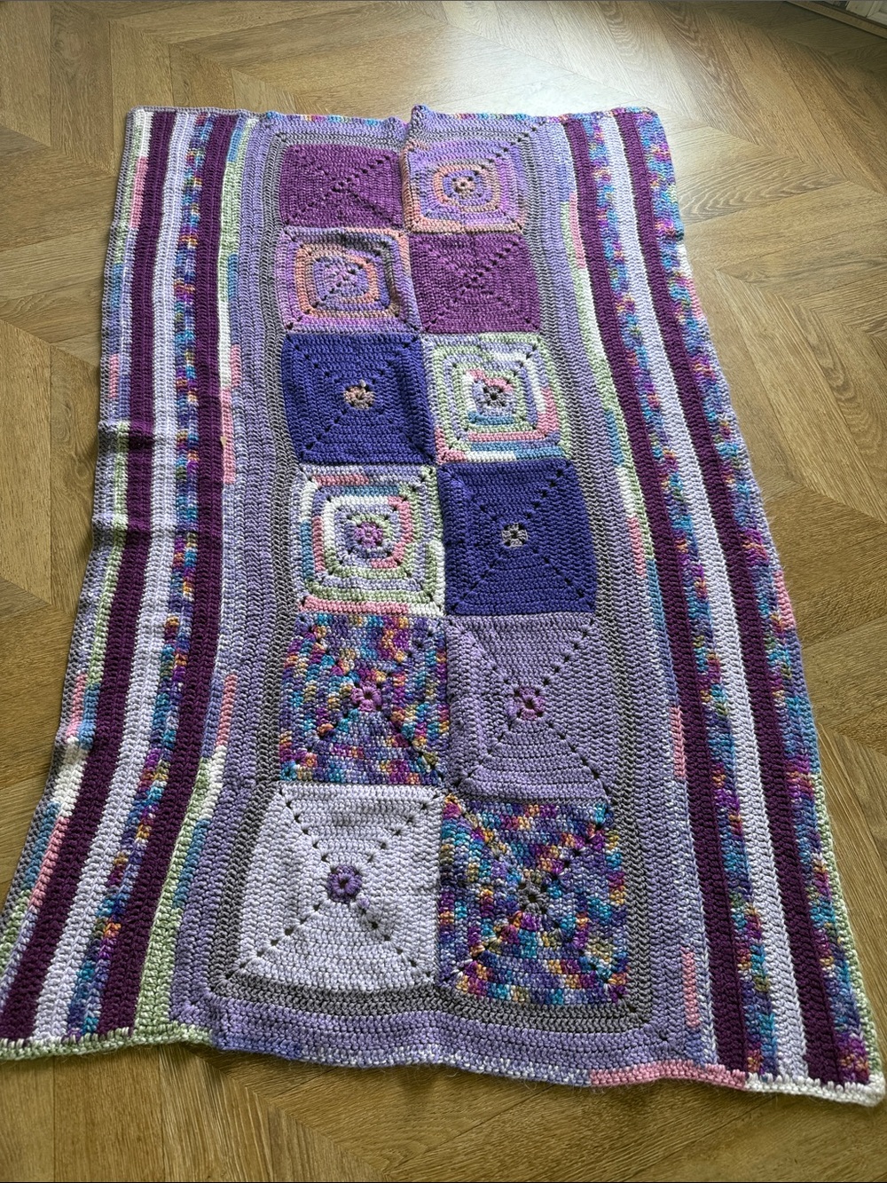 Handmade Crochet Patchwork Throw in Purple & Multicolor